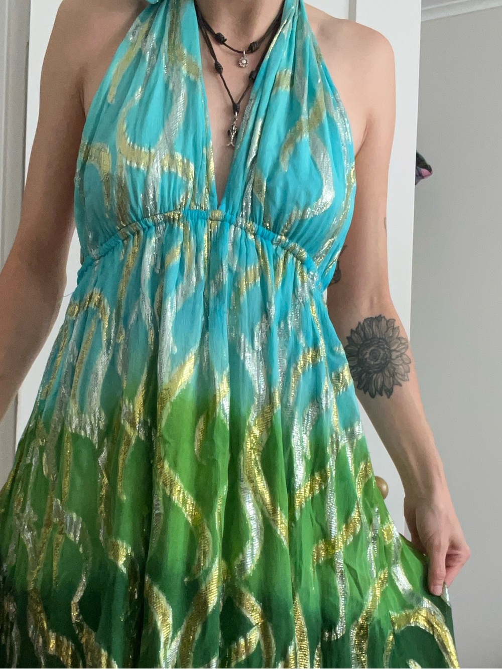 India Boutique Teal, Light Green & Dark Green Halter Dress with Gold Accents